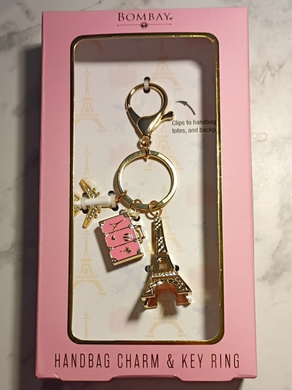 Bombay Pink & Gold Travel Charm Key Ring with Eiffel Tower